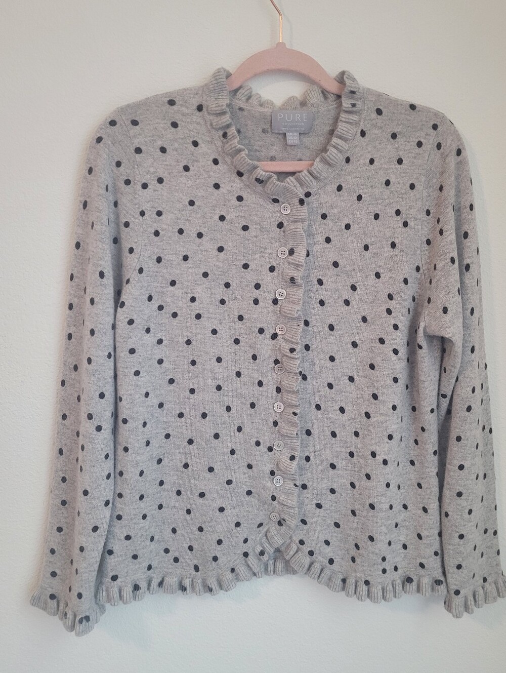 Pure Collection 100% Cashmere Polka Dot Ruffle Cardigan Sweater Gray US 12